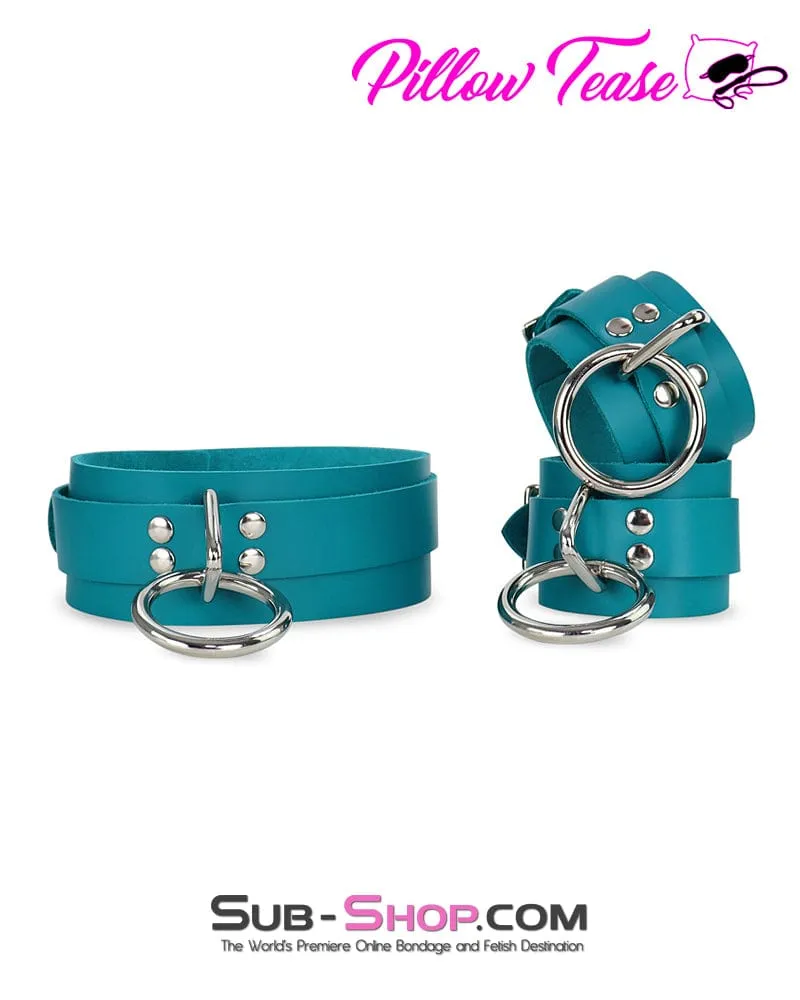 0166A      Leather Bondage Collar. Ocean Blue Color