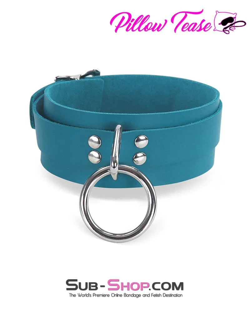 0166A      Leather Bondage Collar. Ocean Blue Color