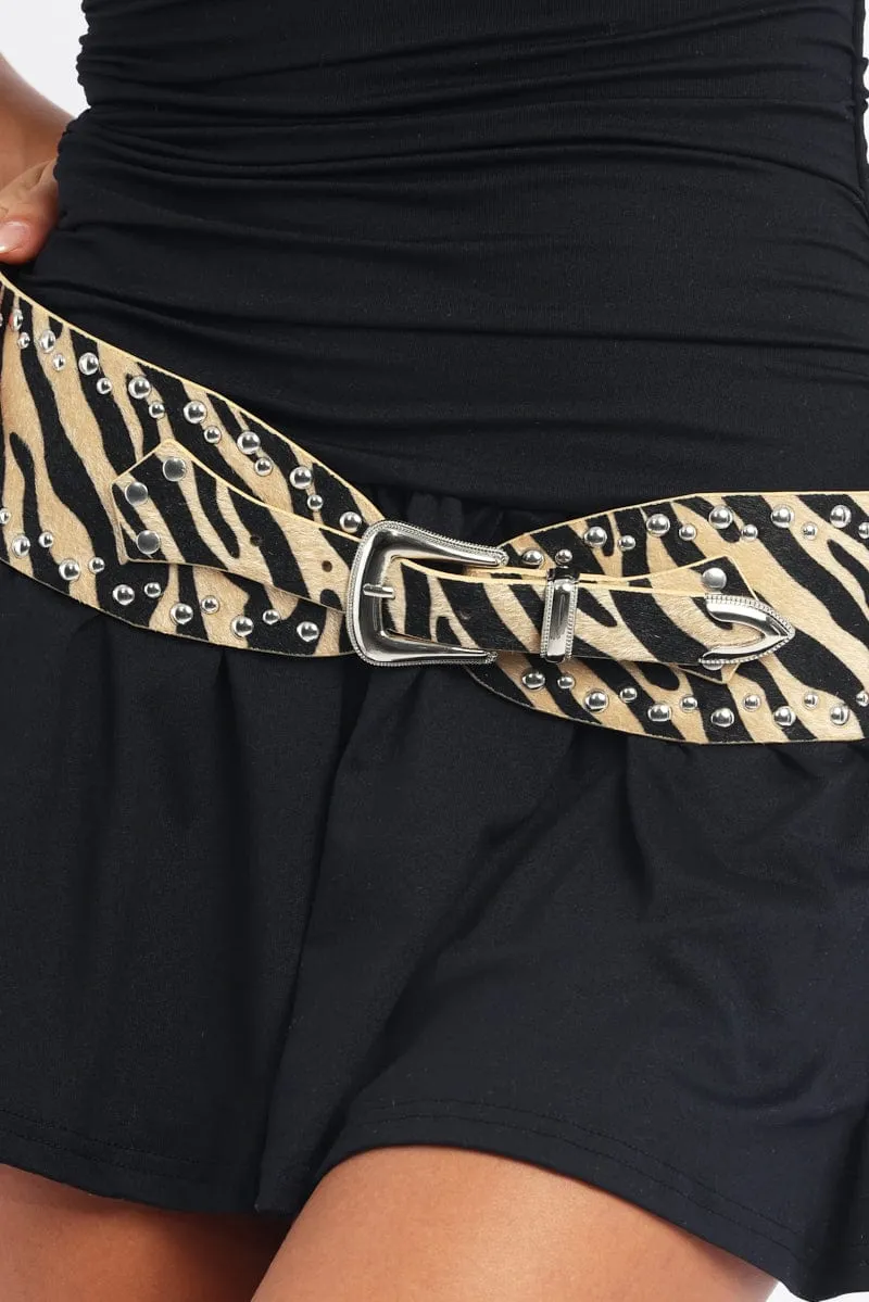 Beige Animal Print Studded Western Belt