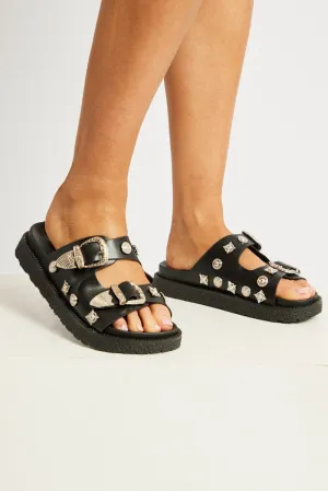 Black Buckle Studded Western Footbed Sandal