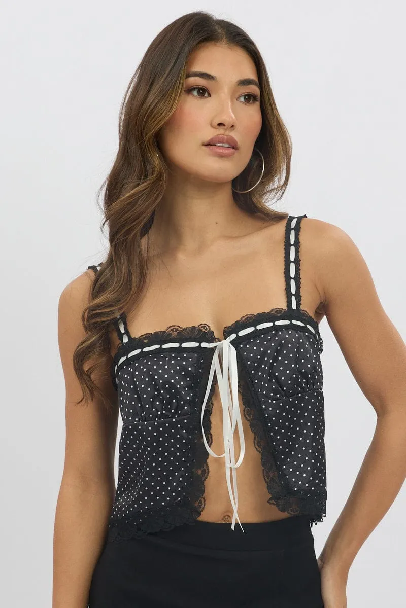 Black Polka Dot Cami Top Open Front Ribbon