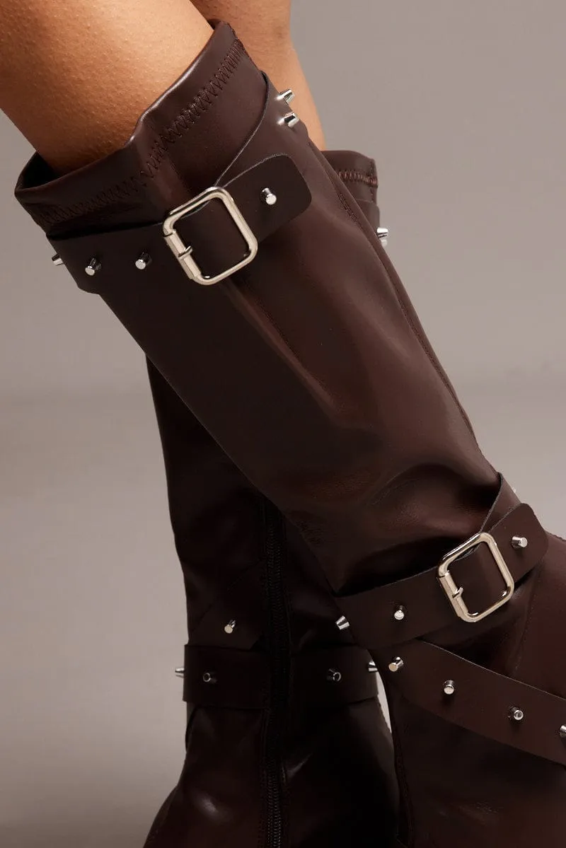 Brown Studded Strap Heeled Knee Boots