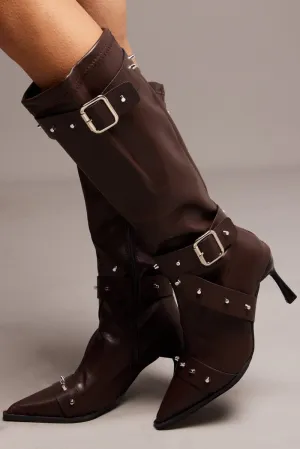 Brown Studded Strap Heeled Knee Boots