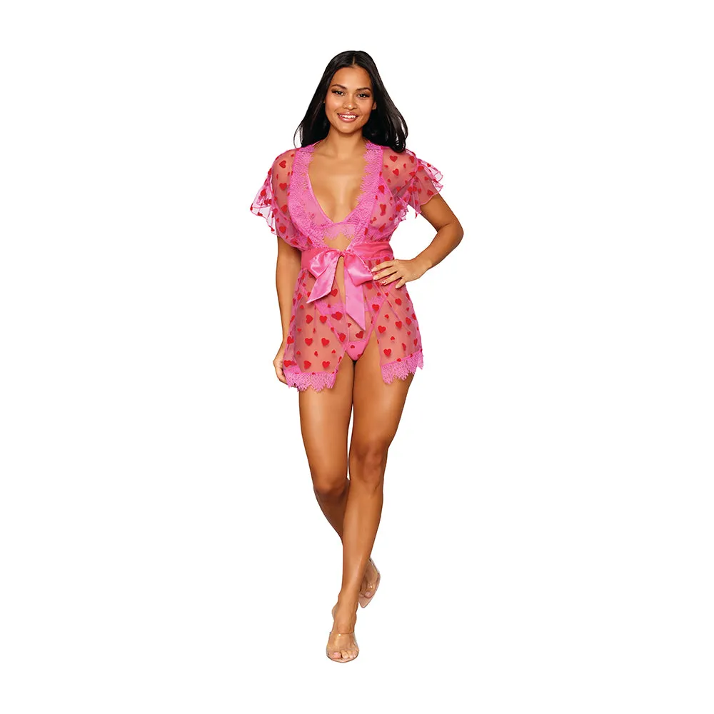 Dreamgirl Flocked Heart Mesh and Eyelash Lace Robe. Bralette. and G-string Set Peony XL