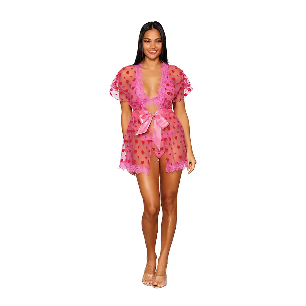 Dreamgirl Flocked Heart Mesh and Eyelash Lace Robe. Bralette. and G-string Set Peony XL