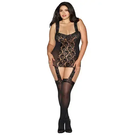 Dreamgirl Sheer. Stretch Lace Garter Dress With Lace-Trimmed Straps Black Queen