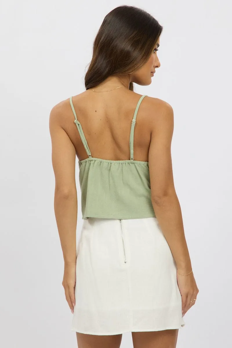 Green Cami Top Open Front Linen Blend