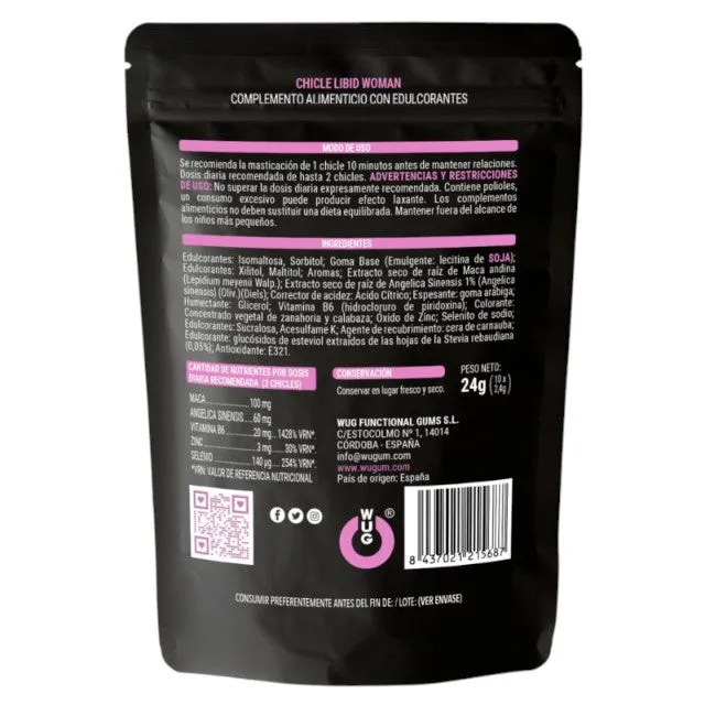 Gumă de mestecat WUG Chicle Libid Woman. pentru libido feminin. cu maca. vitamina B6. zinc și seleniu. fără zahăr. 10 buc