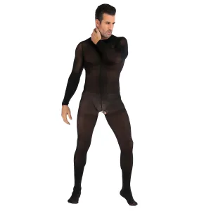 Men's One-piece Silk Stockings with Long Sleeves Open