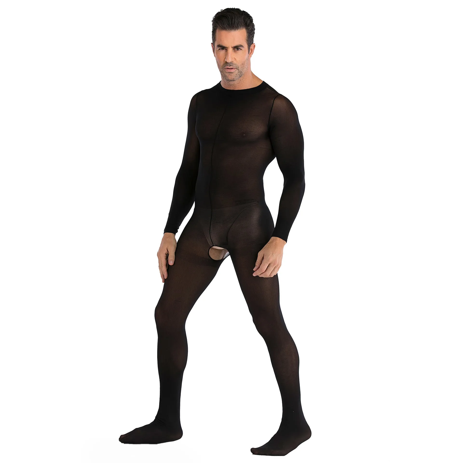 Men's One-piece Silk Stockings with Long Sleeves Open