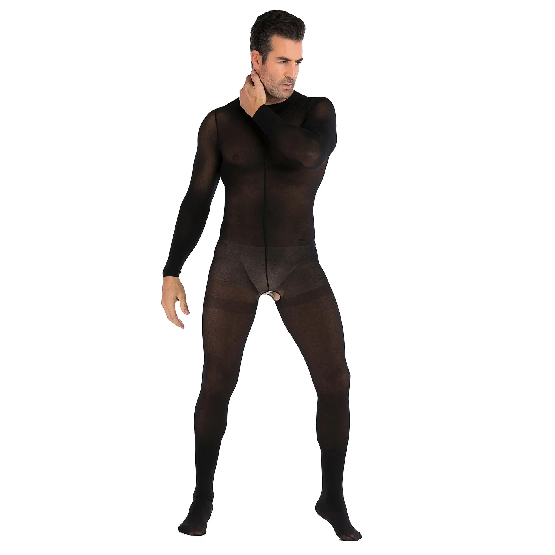 Men's One-piece Silk Stockings with Long Sleeves Open