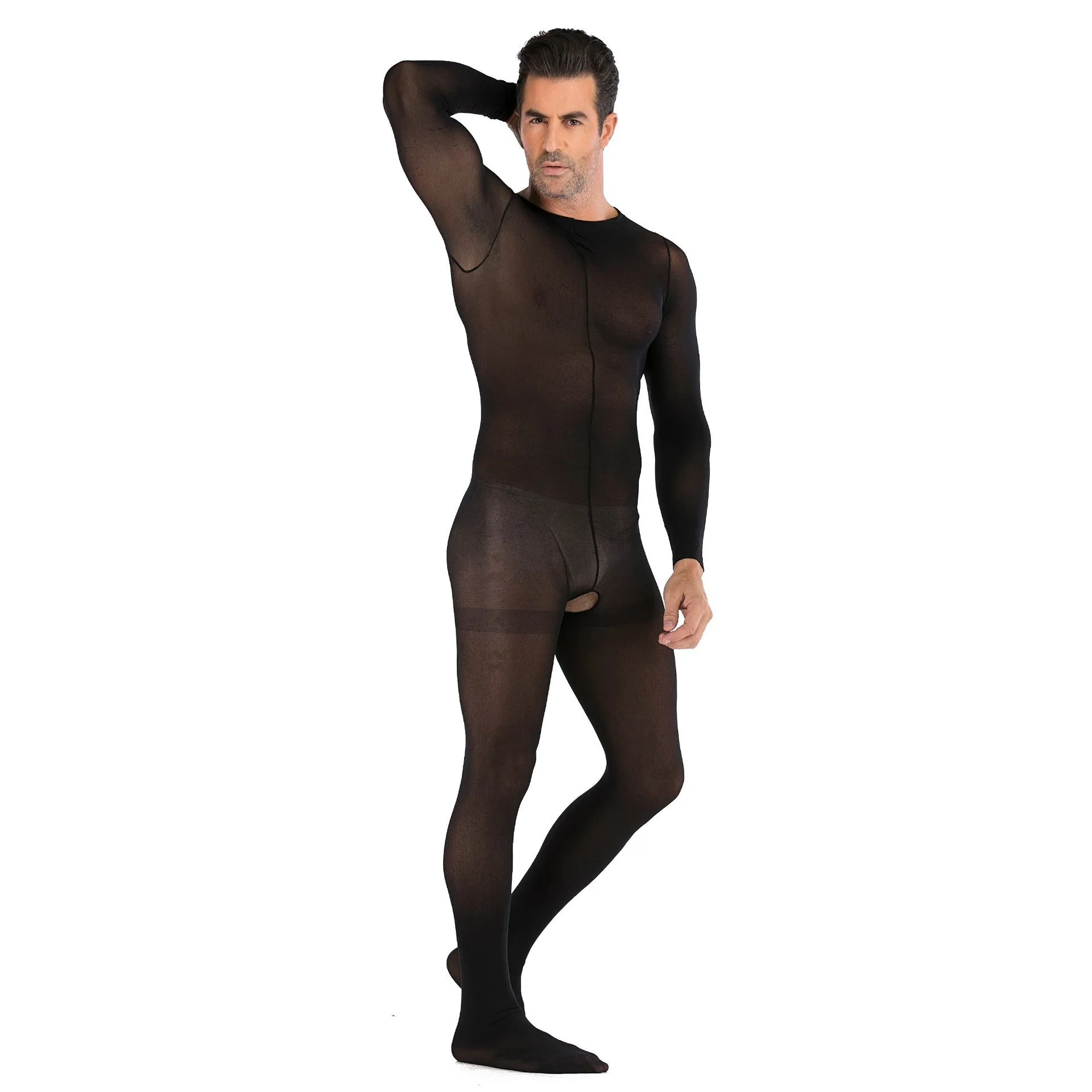 Men's One-piece Silk Stockings with Long Sleeves Open
