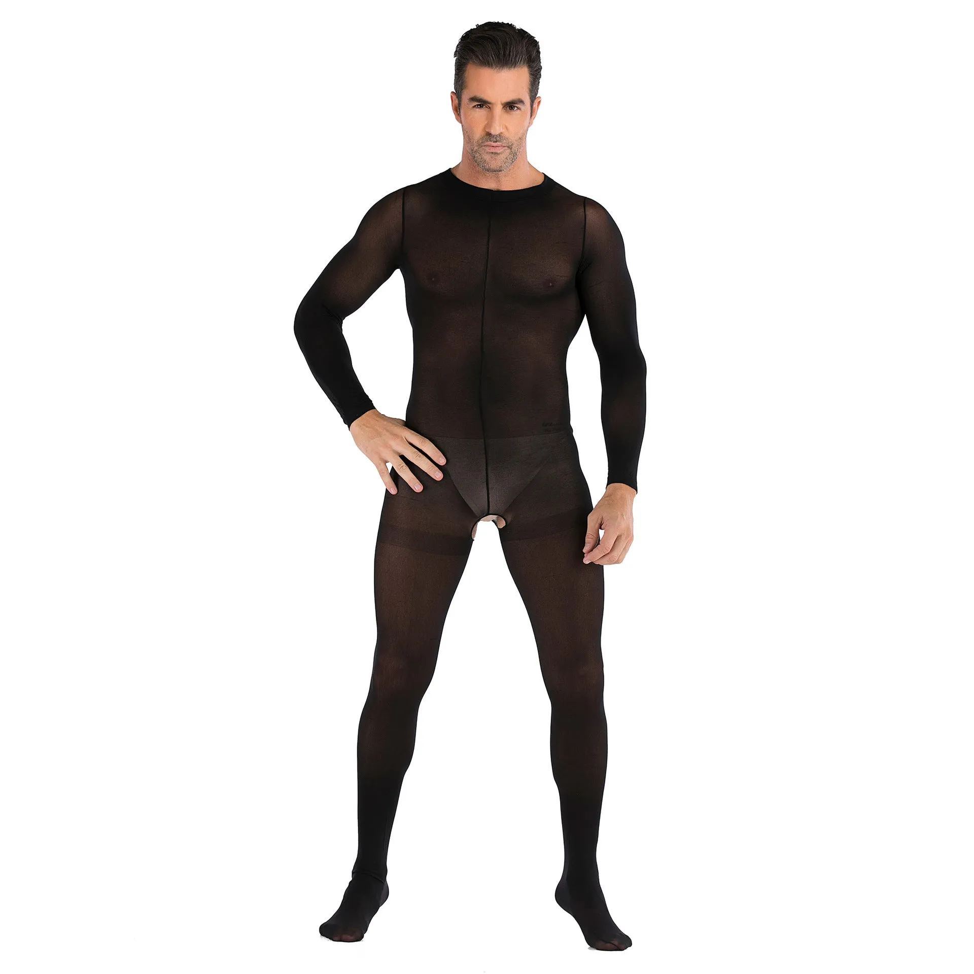 Men's One-piece Silk Stockings with Long Sleeves Open
