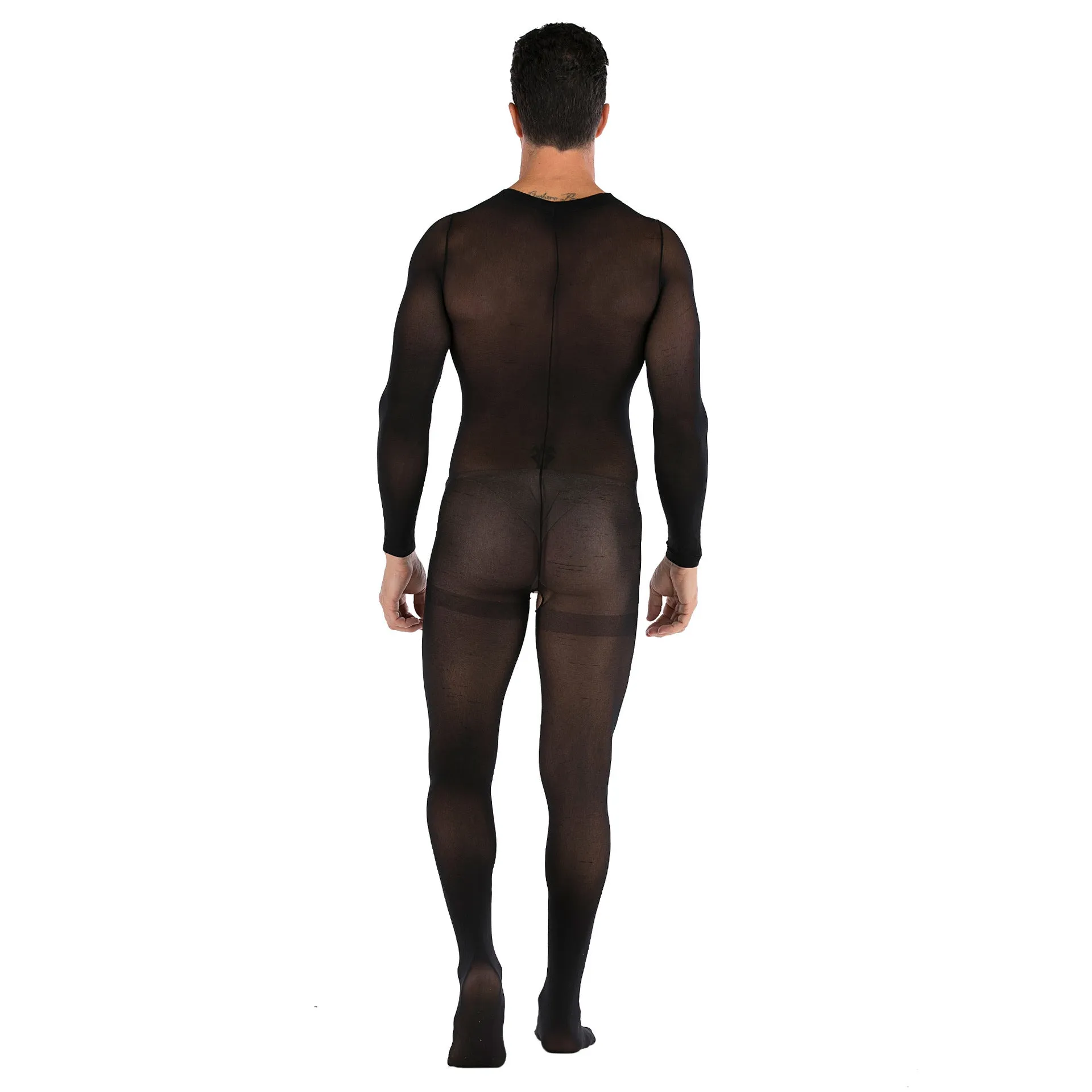 Men's One-piece Silk Stockings with Long Sleeves Open