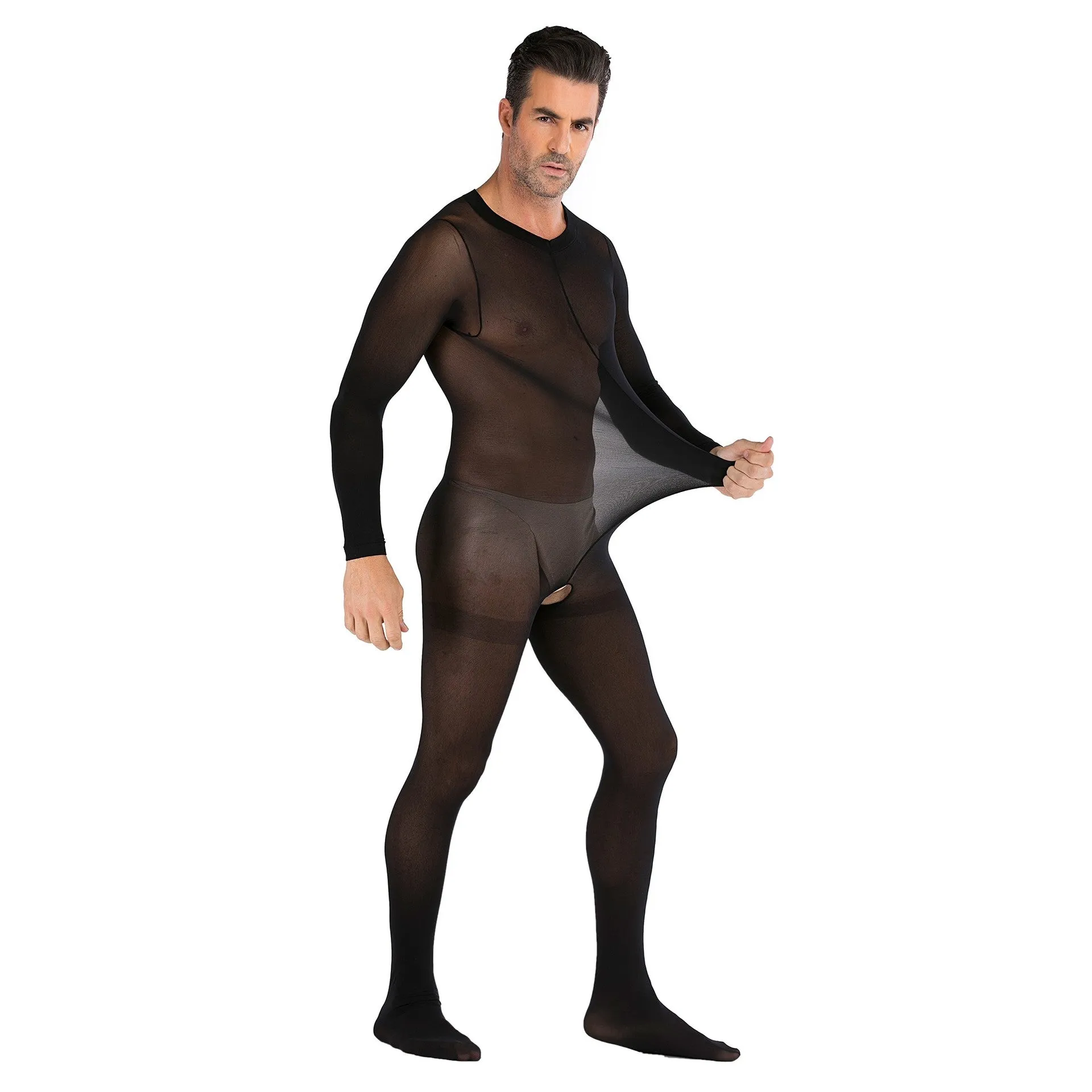Men's One-piece Silk Stockings with Long Sleeves Open