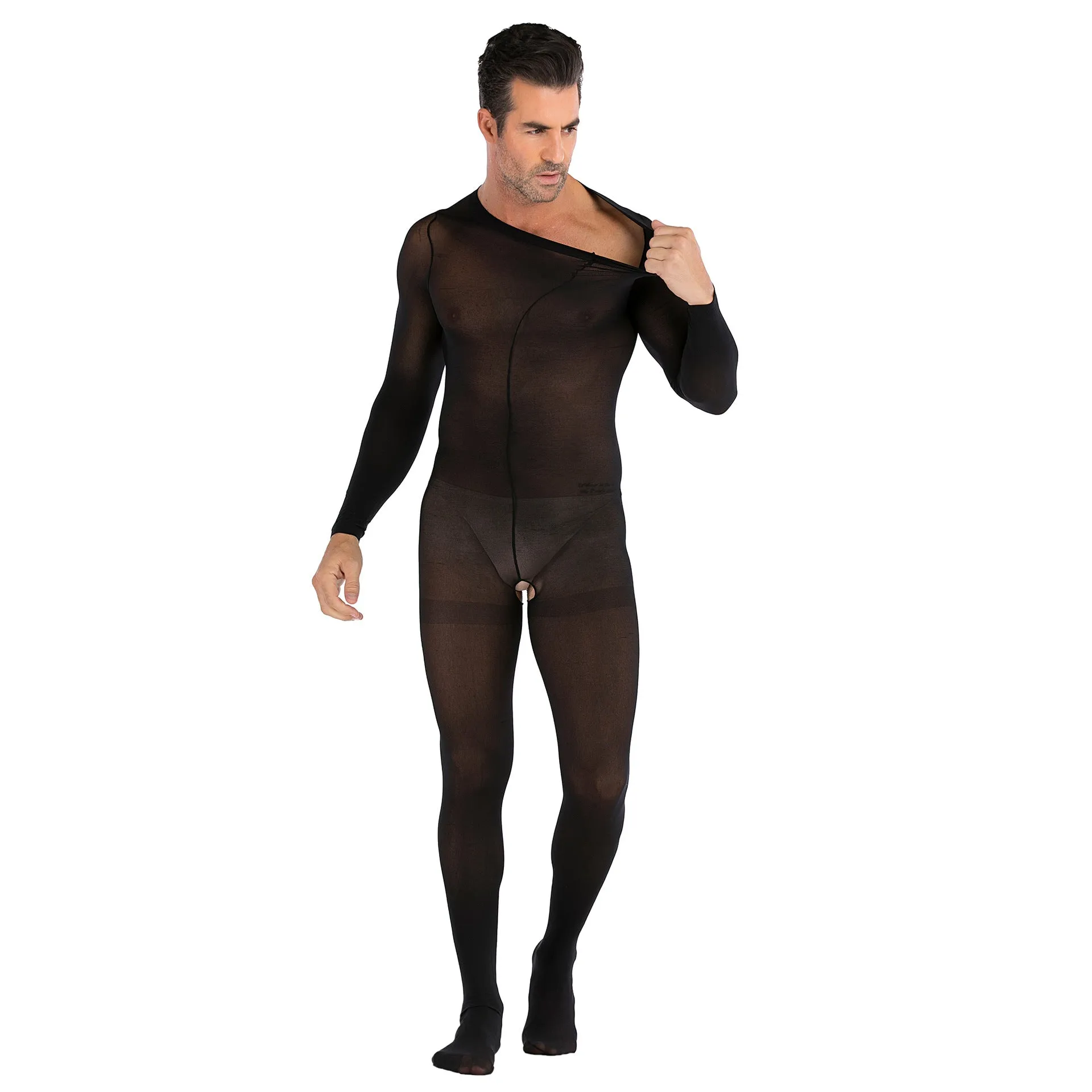 Men's One-piece Silk Stockings with Long Sleeves Open