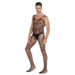 Men's Sleeveless Vest Jacquard Jumpsuit Sexy Open Jumpsuit