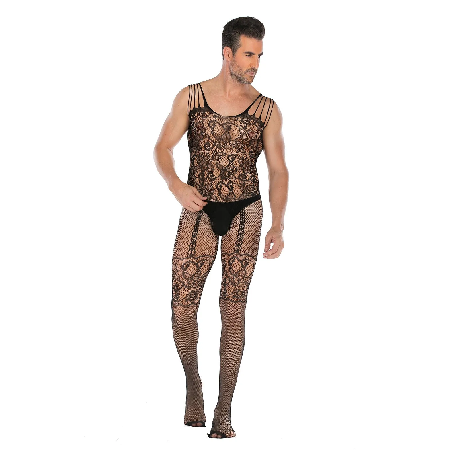 Men's Sleeveless Vest Jacquard Jumpsuit Sexy Open Jumpsuit