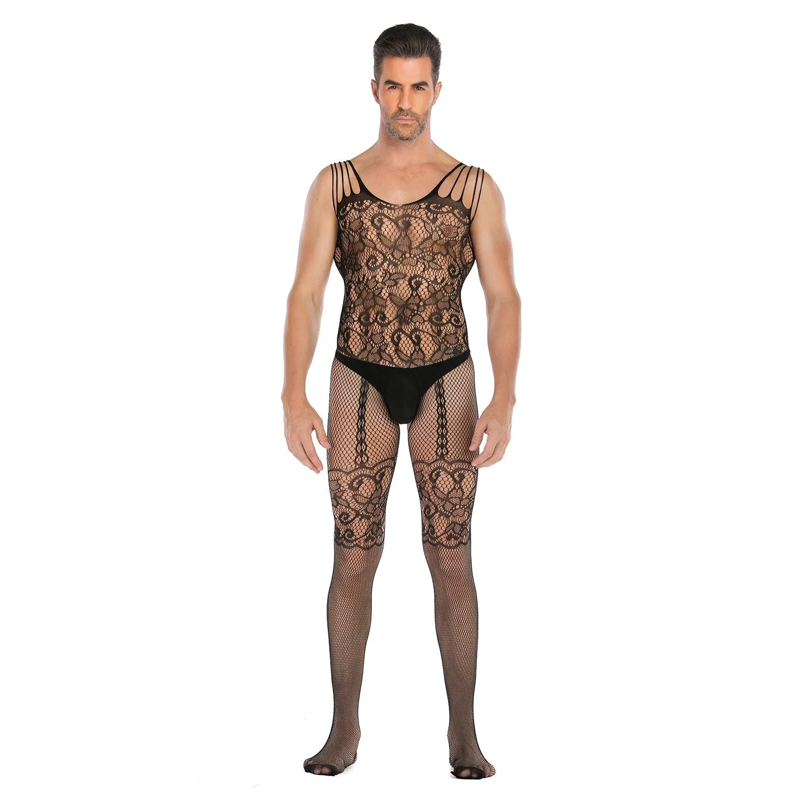 Men's Sleeveless Vest Jacquard Jumpsuit Sexy Open Jumpsuit