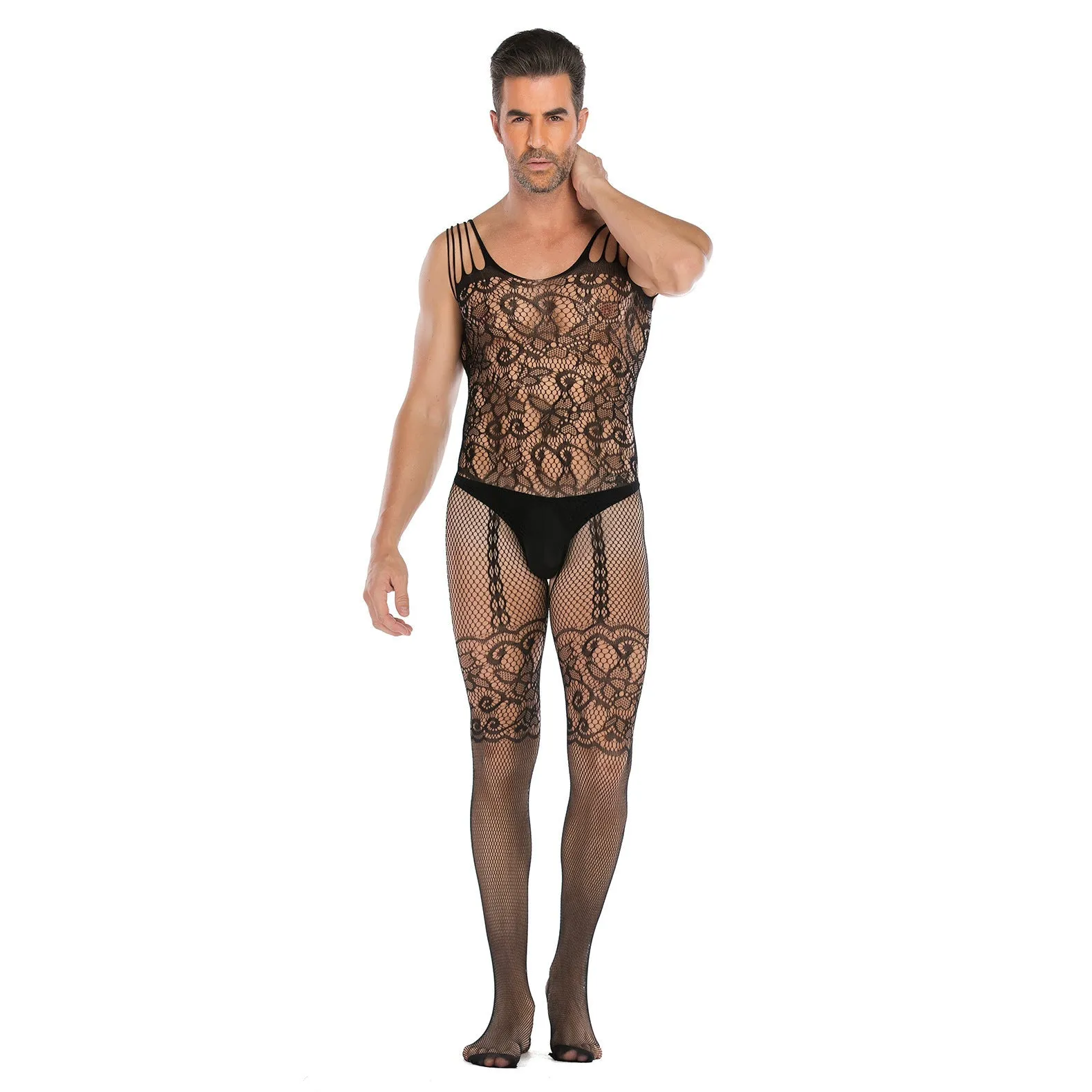 Men's Sleeveless Vest Jacquard Jumpsuit Sexy Open Jumpsuit