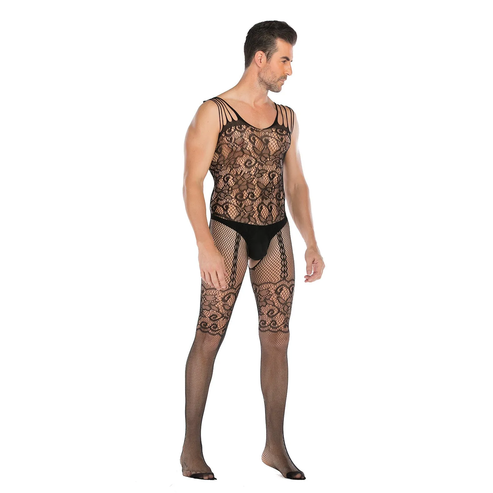 Men's Sleeveless Vest Jacquard Jumpsuit Sexy Open Jumpsuit