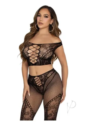 Net Lace Shoulder Foot Tight 2pc Blk Os