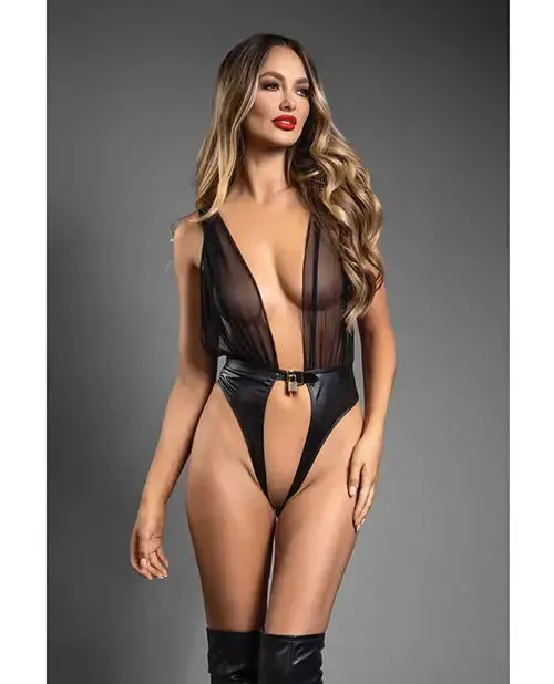 Plunge Front Sheer Mesh & Vegan Leather Lingerie BDSM Teddy w/Lock & Key - Black L/XL