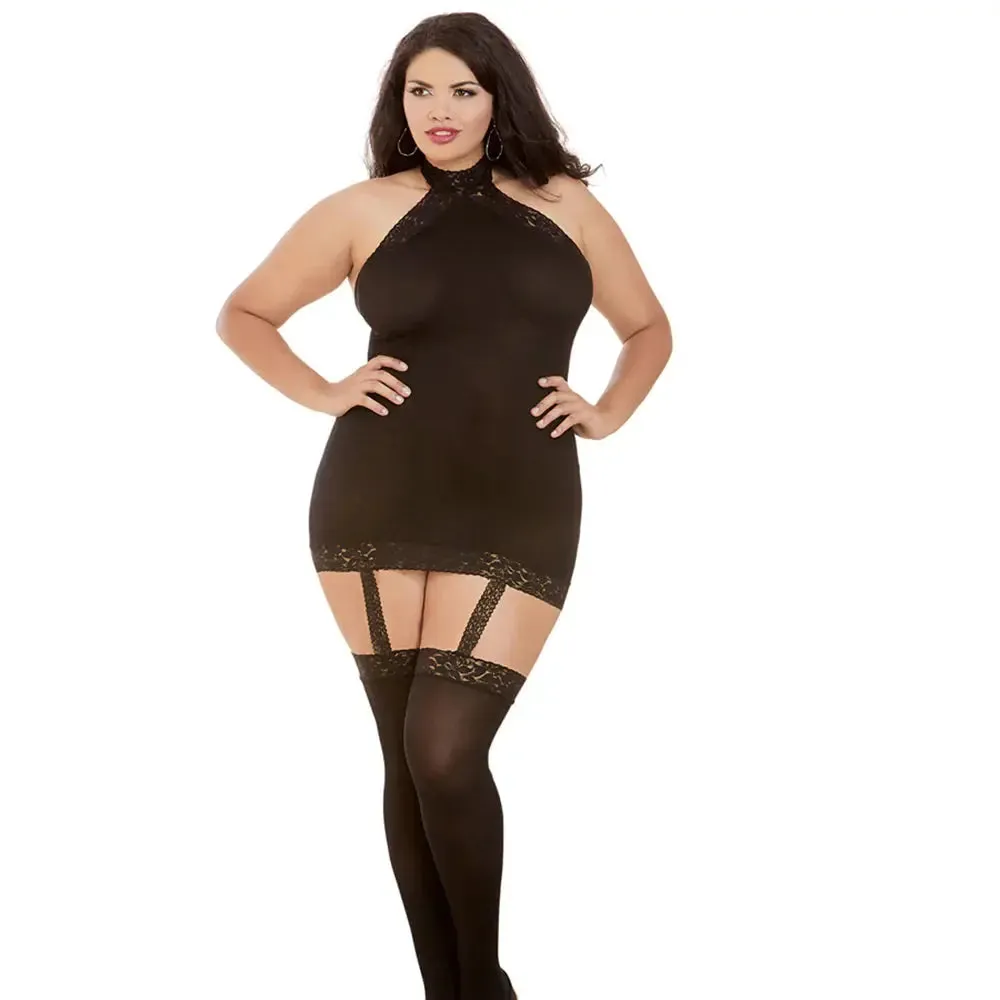 Plus Size Lingerie Semi-Sheer Halter Garter Dress With Snap-Neck Closure and Thigh-Highs