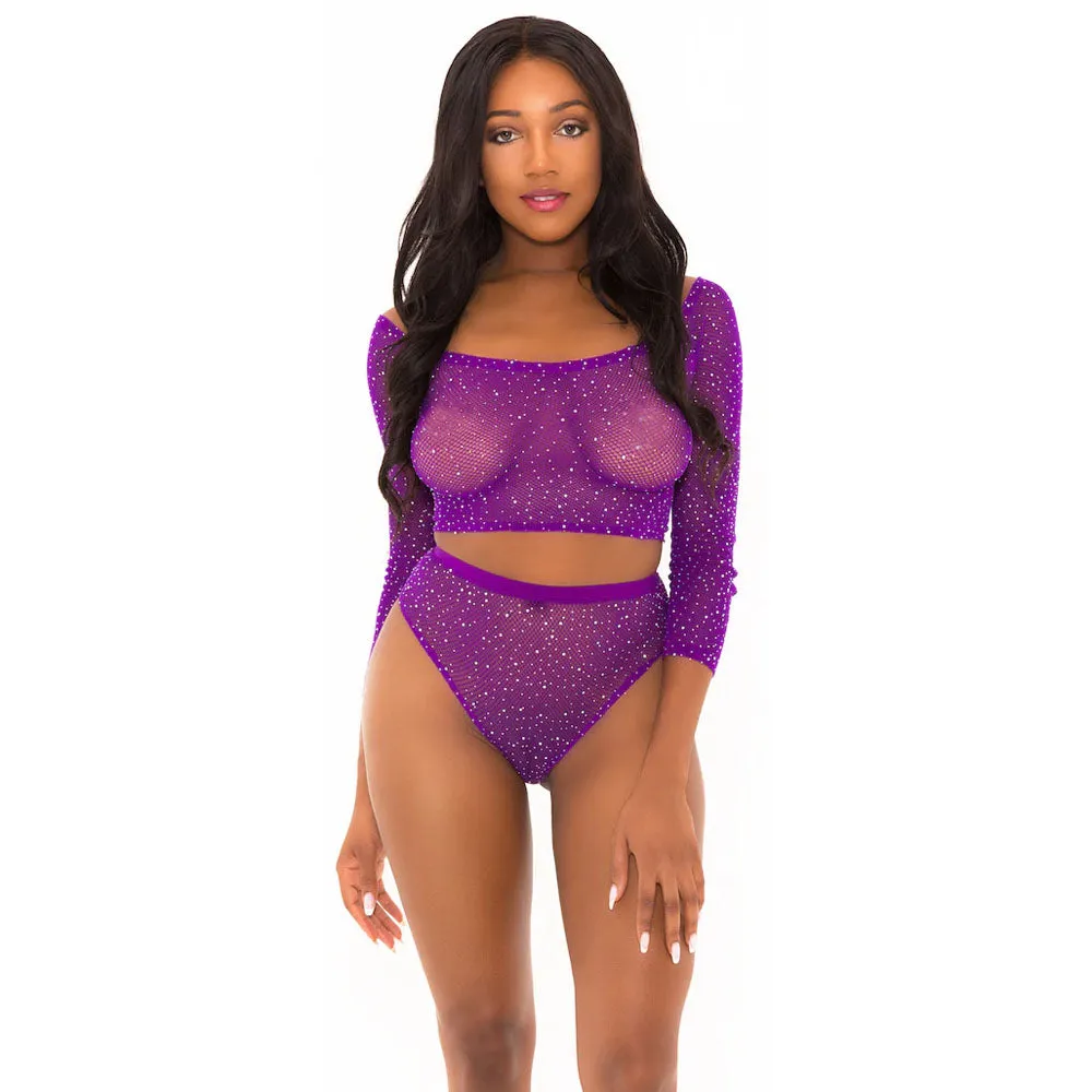 Rhinestone Crop Top With Matching Panty Puple O/S