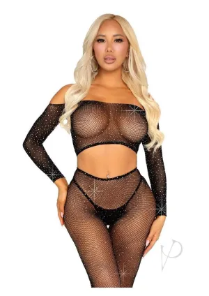 Rhinestone Net Crop Footless Tight Blk
