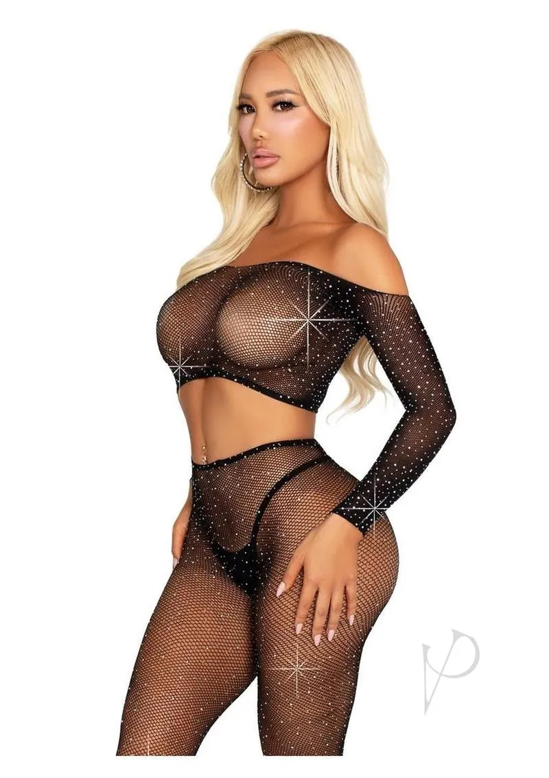 Rhinestone Net Crop Footless Tight Blk