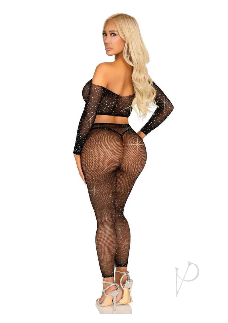 Rhinestone Net Crop Footless Tight Blk