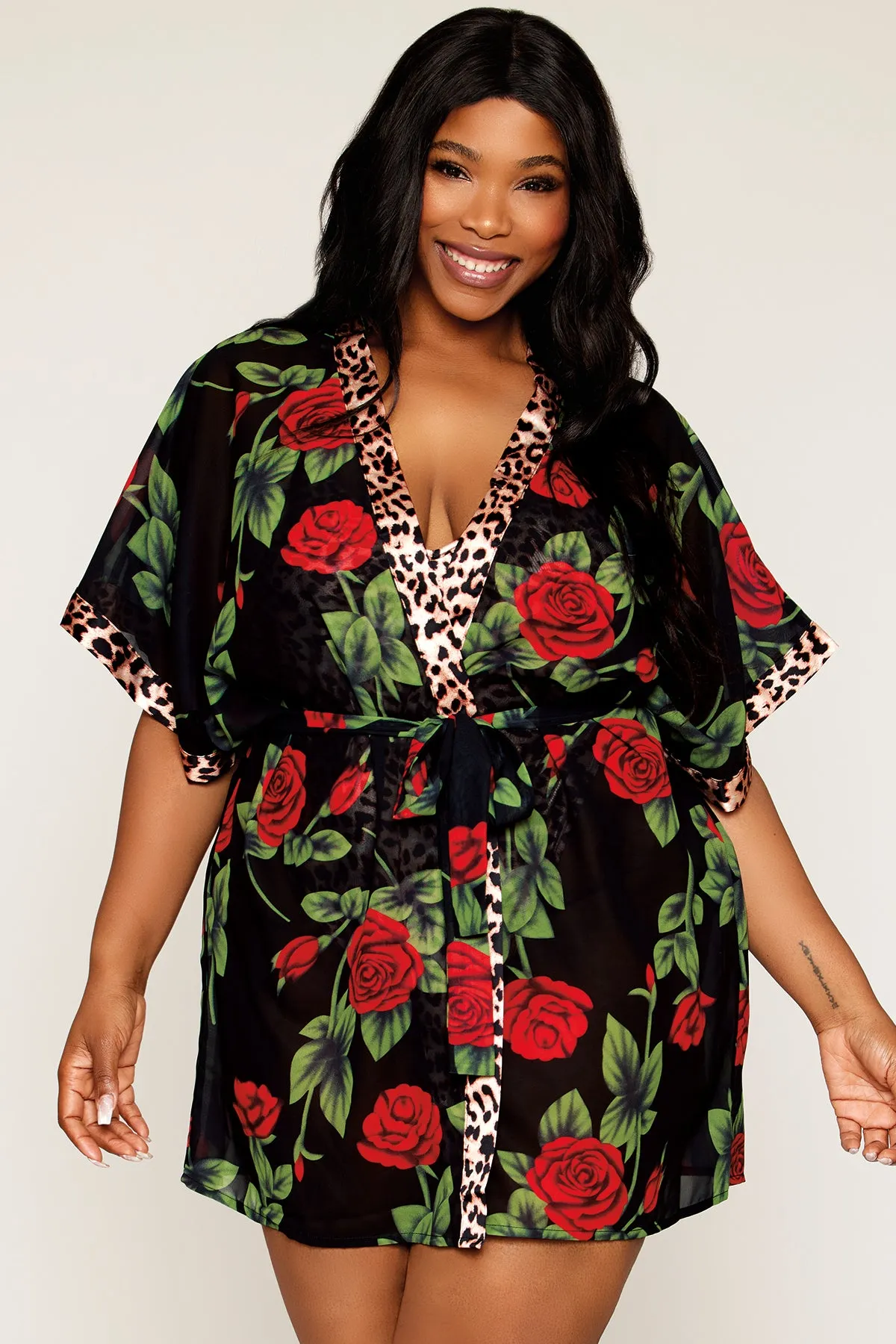 Rose Print Kimono Robe & Teddy