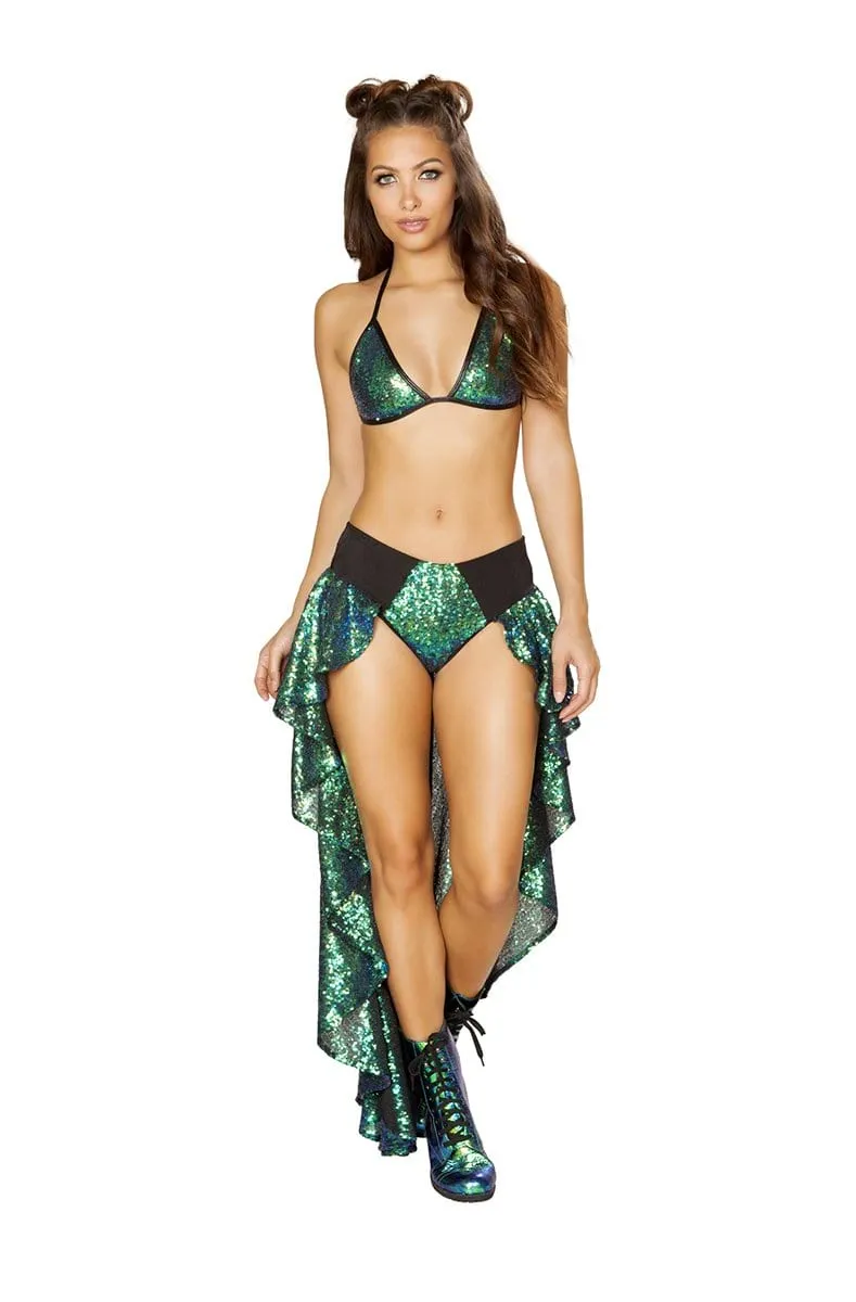 Sequin Shorts with Attached Open Front Skirt in Green
