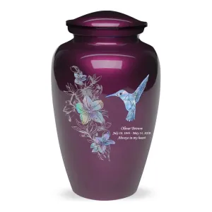 Urn for Mom |Mother of Pearl Hummingbird Ash Urn on Burgundy |Quality Urns For Less