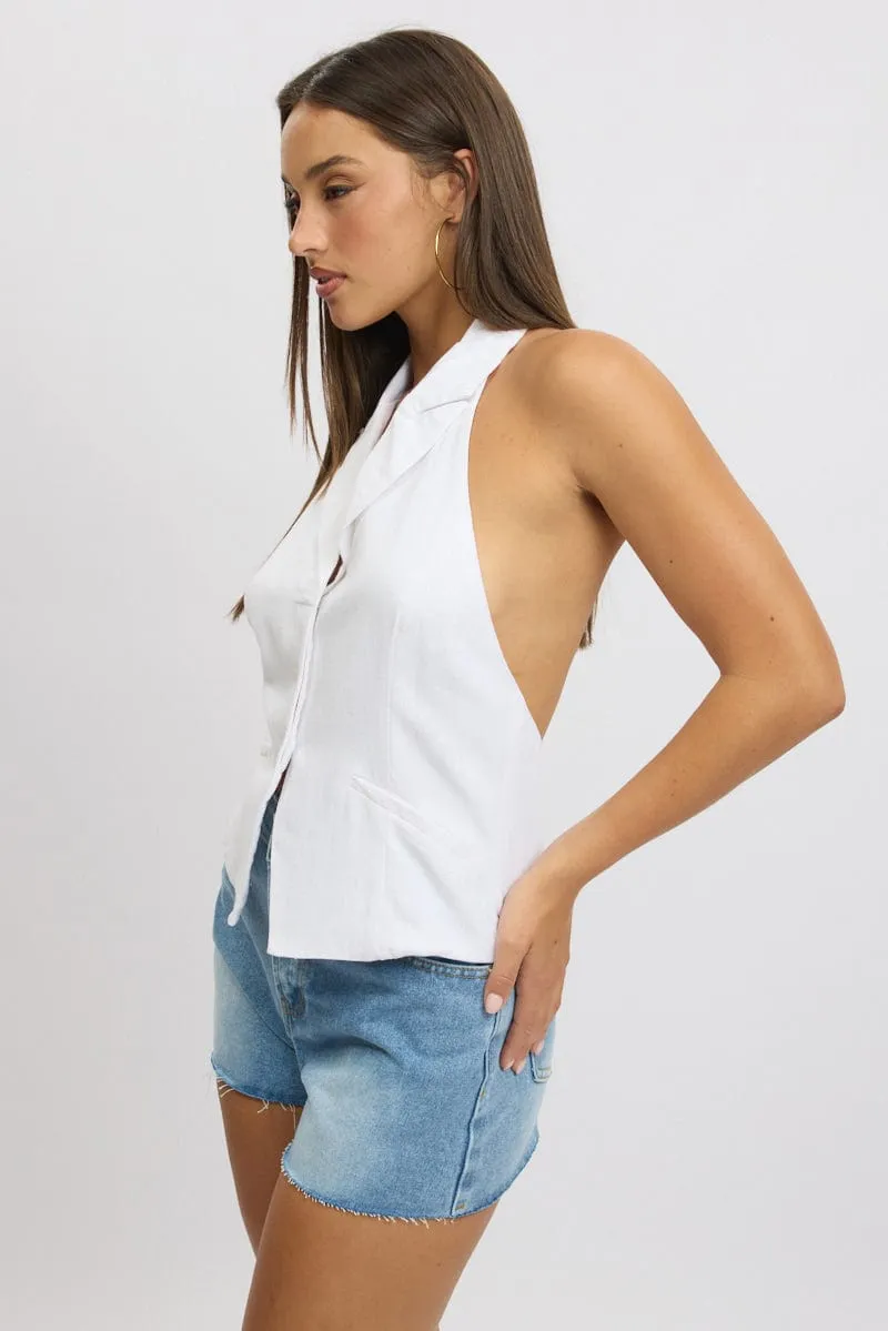 White Vest Top V Neck Halter Neck Open Back